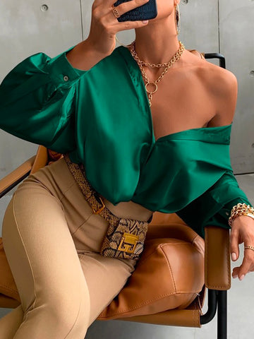 Sexy Long Sleeves Buttoned  V-Neck Satin Blouses&Shirts Tops