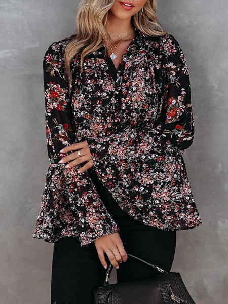 Flared Sleeves Floral Printed Elastics V-Neck Blouses&Shirts Tops