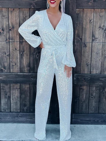 Plain deep v neck strappy sequins jumpsuit