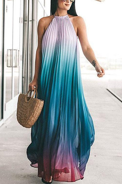 Gradient Color Halter Neck Backless Maxi Dress - girlyrose.com