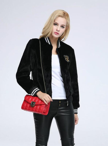 Women Fur Cardigan Short Baseball Shirt Sheep Shearing 