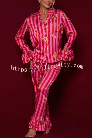 Festive Season Long Candy Stripe Tiered Bell Cuffs Elastic Waist Pocketed Pajama Set