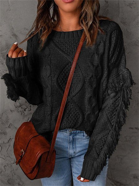 Loose-fitting Turtleneck Fringe Solid Color Pullover Knit Sweater for Women-Corachic