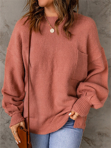 Solid Color Casual Long Sleeve Sweater with Pockets-Corachic