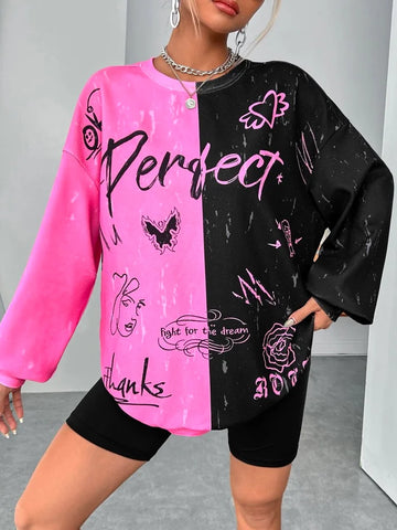 Loose Fluorescent Letter Graphic Two Tone Drop Shoulder Sweatshirt