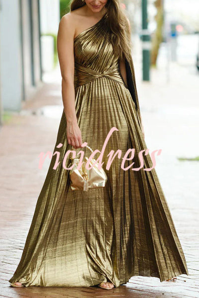 Exceptionally Chic Metallic Gold One Shoulder Drape Sleeve Pleated Maxi Dress