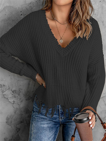Fashion V-neck Solid Color Tassel Hole Knitted Sweater-Corachic