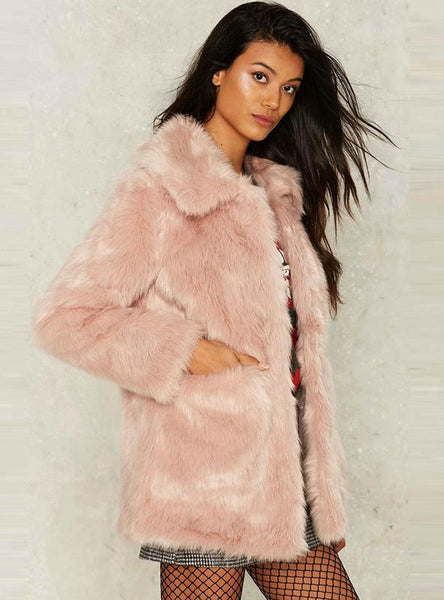 WOMEN FAUX FUR LONG SLEEVE TURN-DOWN COLLAR