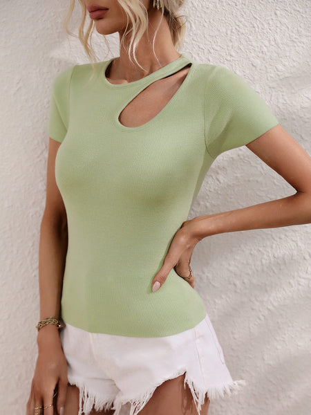 JULISSA RIBBED CUT-OUT KNIT TOP - SAGE