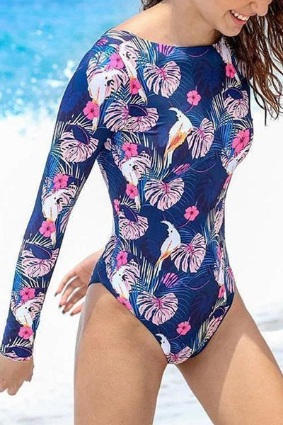 Floral Print Backless Lone Sleeve One Piece Swimwear - girlyrose.com