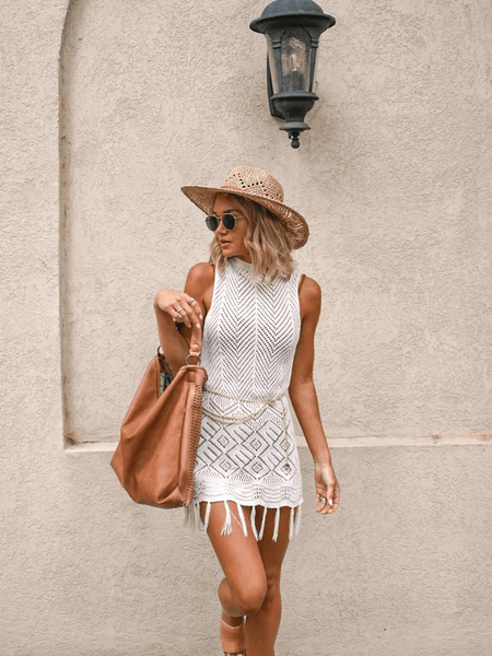 JENSON PERFORATED CROCHET MINI DRESS - CREAM