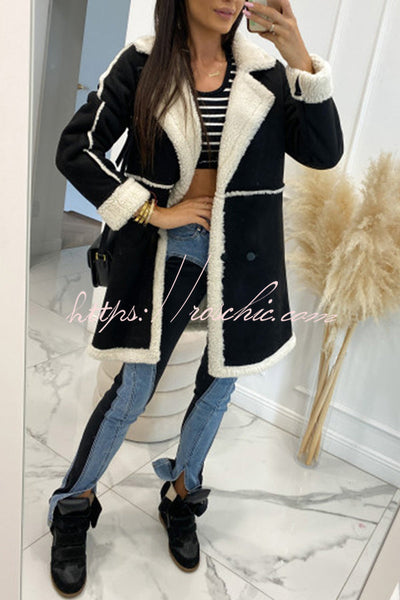 Single Breasted Multi Button Solid Color Long Sleeved Sherpa Coat