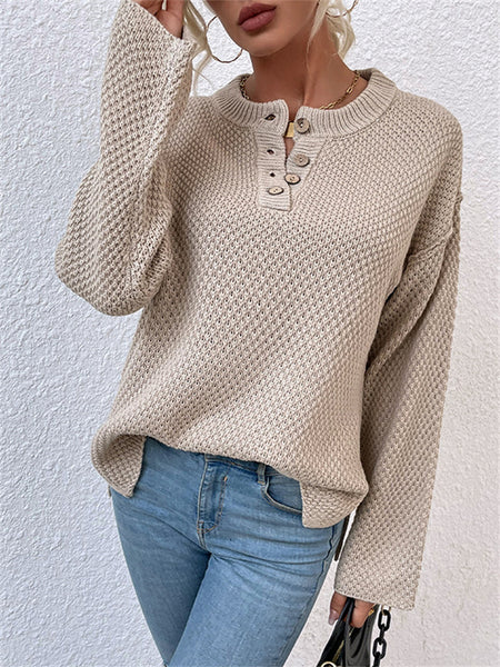 Casual Solid Color Sweater with Round Neck and Buttons-Corachic