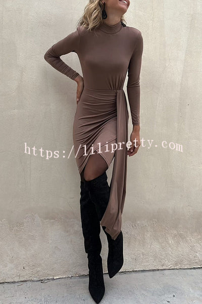 Worthy of Praise High Neck Ruched Drape Hem Stretch Mini Dress