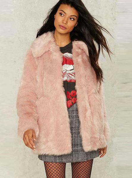 WOMEN FAUX FUR LONG SLEEVE TURN-DOWN COLLAR