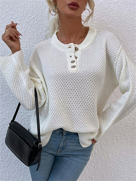 Casual Solid Color Sweater with Round Neck and Buttons-Corachic