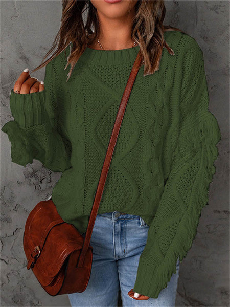 Loose-fitting Turtleneck Fringe Solid Color Pullover Knit Sweater for Women-Corachic