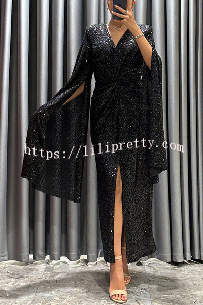 Spotlight Darling Sequin Cape Sleeve Cross Waist Slit Evening Midi Dress