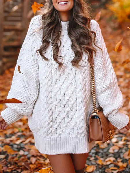 Leisure Long Sleeves Crochet Jacquard Round-Neck Sweater Mini Dresses