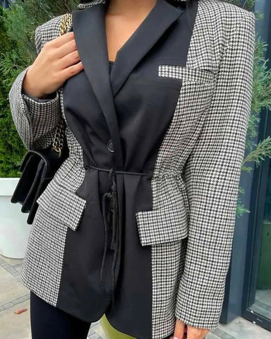 Fashion Long Sleeves Plaid Color-Block Lapel Collar Blazer