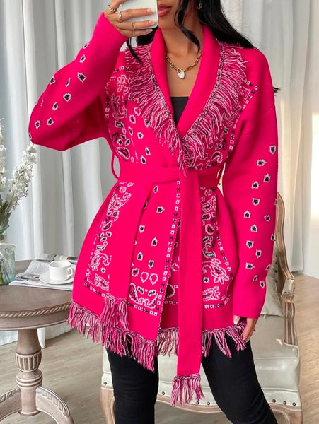 Fashion Loose Floral Printed Tasseled Crochet Cardigan Coats