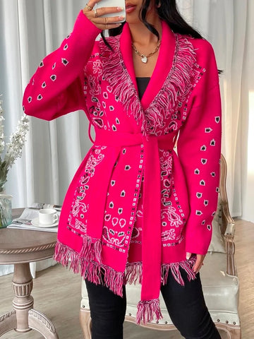 Fashion Loose Floral Printed Tasseled Crochet Cardigan Coats