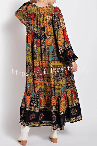 Rosalind Bohemia Ethnic Patchwork Print Long Sleeve A-line Maxi Dress