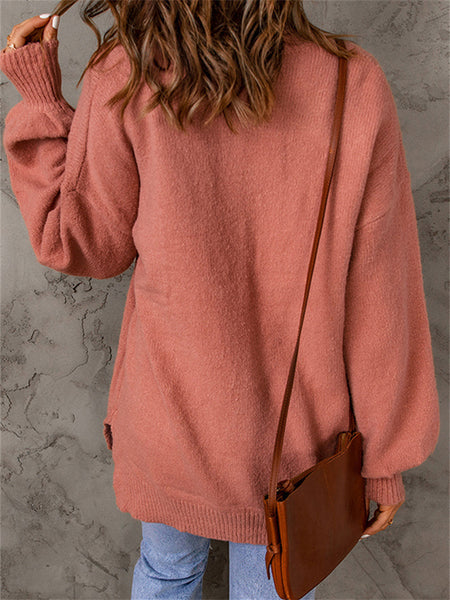 Solid Color Casual Long Sleeve Sweater with Pockets-Corachic