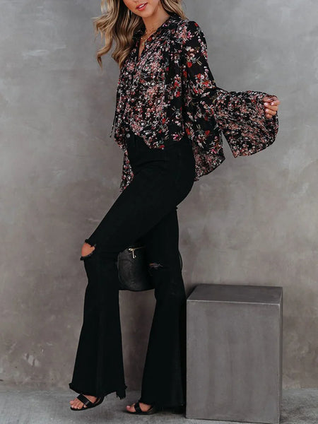 Flared Sleeves Floral Printed Elastics V-Neck Blouses&Shirts Tops