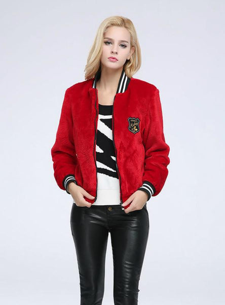 Women Fur Cardigan Short Baseball Shirt Sheep Shearing 