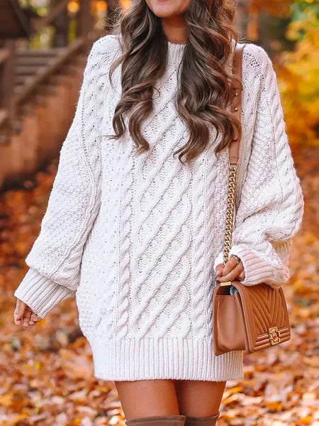 Leisure Long Sleeves Crochet Jacquard Round-Neck Sweater Mini Dresses