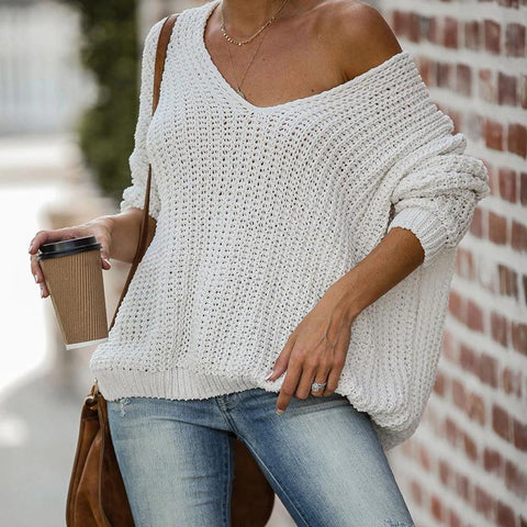 Fashion Women's Solid Color V-neck Loose Sweater-Corachic