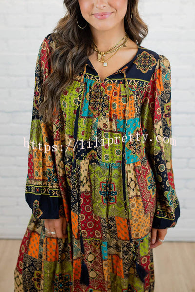 Rosalind Bohemia Ethnic Patchwork Print Long Sleeve A-line Maxi Dress