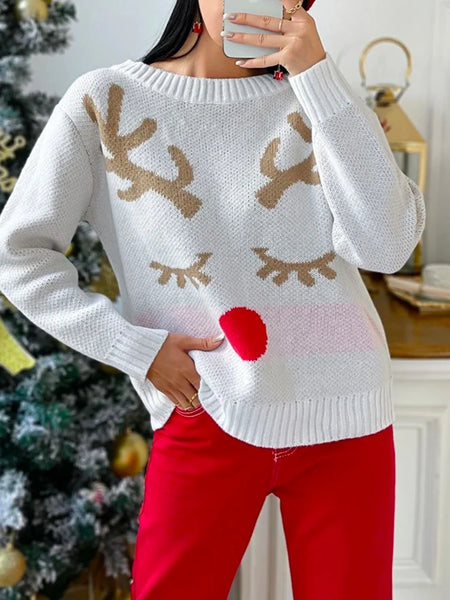 White Christmas Elk Crochet Round-Neck Sweater Tops