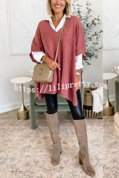 Lilipretty Fashion Comfortable and Versatile Knit Loose Poncho V Neck Sweater