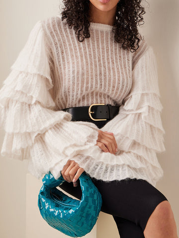 Fashion Loose Ruffled Plain Bordered Round-Neck Sweater Tops