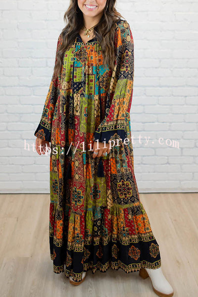 Rosalind Bohemia Ethnic Patchwork Print Long Sleeve A-line Maxi Dress