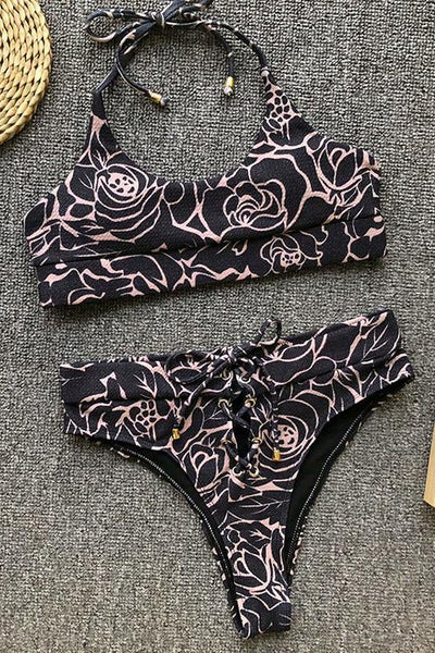 Halter Neck Lace Up Bikini Set - girlyrose.com