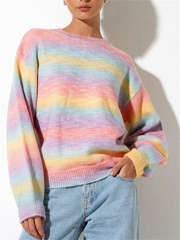 Rainbow Stripe Gradient Color Round Neck Long Sleeve Casual Jumper Sweater-Corachic