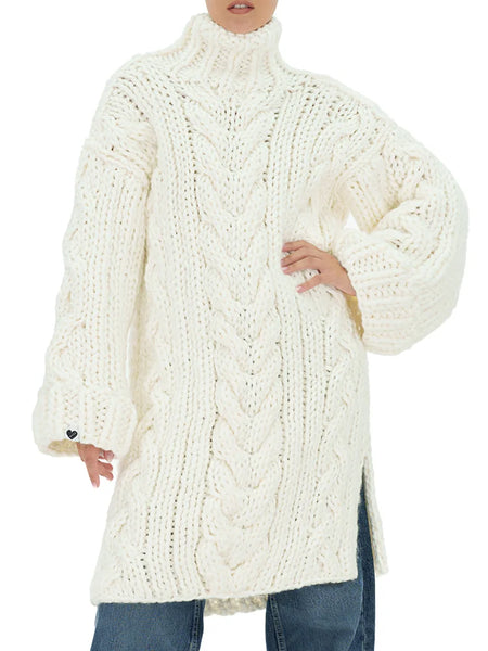 Simple Loose Split-Side Crochet Jacquard High-Neck Sweater Midi Dresses