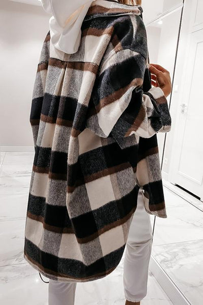 Plaid Lapel Hem Slit Loose Coat - girlyrose.com