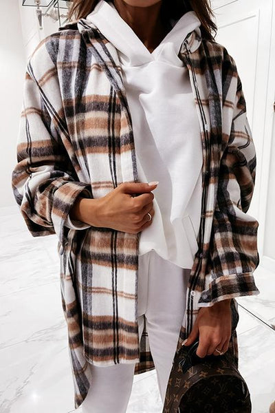 Plaid Lapel Hem Slit Loose Coat - girlyrose.com