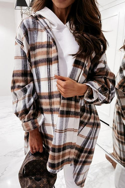 Plaid Lapel Hem Slit Loose Coat - girlyrose.com