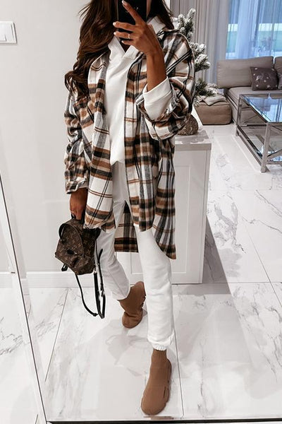 Plaid Lapel Hem Slit Loose Coat - girlyrose.com