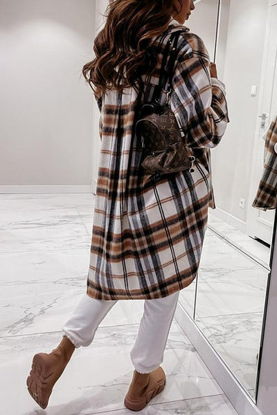 Plaid Lapel Hem Slit Loose Coat - girlyrose.com