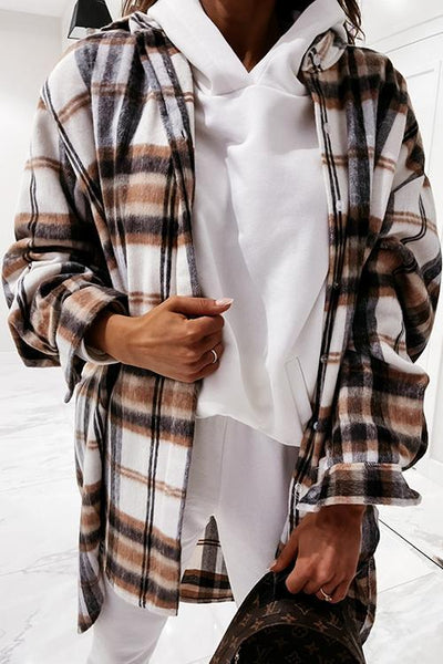 Plaid Lapel Hem Slit Loose Coat - girlyrose.com