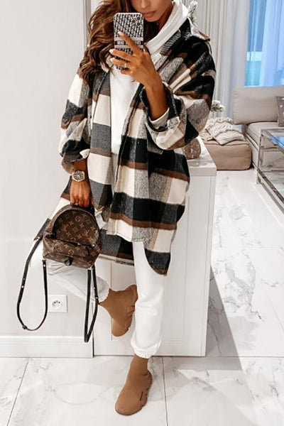 Plaid Lapel Hem Slit Loose Coat - girlyrose.com