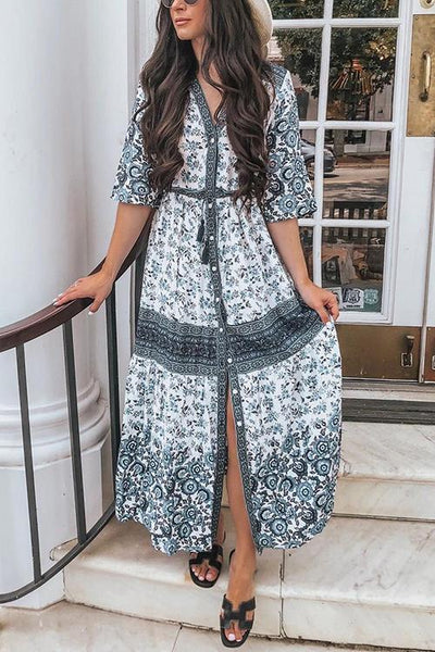 Floral Print Button Maxi Dress - girlyrose.com