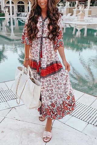 Floral Print Button Maxi Dress - girlyrose.com