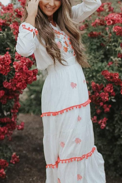 Embroidery Pom Pom Maxi Dress - girlyrose.com